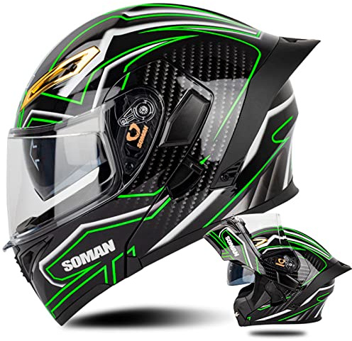 Casco Modulare Moto con Doppia Visiera Casco Moto Integrale Omologato ECE con Visiera Doppia Antigraffio Caschi Moto Modulari Uomo e Donna, Nero Verde-M