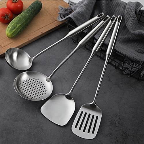 Juego de Utensilios de Cocina de 4 Piezas,Juego de Espátula de 304 Acero Inoxidable,espátula y cucharón, cuchara de skimmer,espátula ranurada,Apto Para Lavavajillas (Asa Redondo)