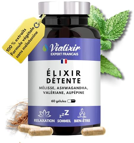 Formule Détente 60 Gélules | Mélisse Ashwagandha Valériane Aubépine | Sérénité Relaxation Sommeil Complément Alimentaire | Aide à améliorer l'Équilibre Émotionnel | Végan 100% Français Vialixir