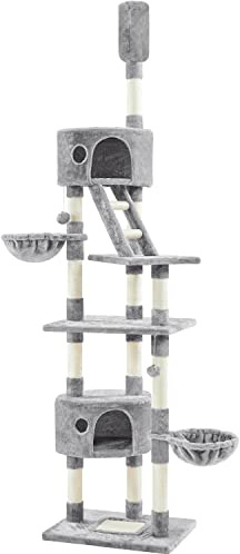 Yaheetech 228-255 cm Floor-to-Ceiling Cat Tree with 2 Condos, Light Grey | Cat Tower for Indoor Cats, Cat Scratching Post, Height Adjustable, 12 Sisal Scratching Posts, 2 Condos, 2 Baskets, Ladder