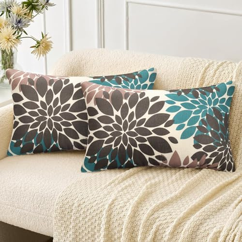Velvhom Juego de 2 Funda para Cojín Lino 30x50cm Fundas Decorativas de Cojines Fundas de Almohada Marrón y Verde Azulado Flores de Dalia Funda de Cojín Moderno Hogar para Sala de Estar Sofás