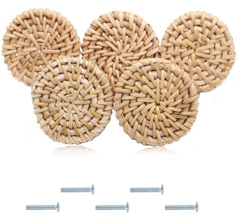 Qxsuse Boutons d'armoire de commode en rotin, 5 pièces en rotin, boutons de tiroir ronds en bois, boutons de meubles pour armoire, tiroirs, salon, cuisine
