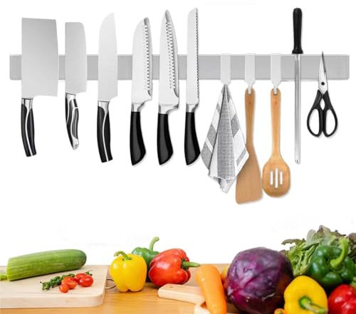 Trhillsbrad - Barra magnética para cuchillos (60 cm, soporte magnético para cuchillos de 60 cm, con 3 ganchos, acero inoxidable, autoadhesivo, soporte de pared plateado, sin taladrar, soporte para