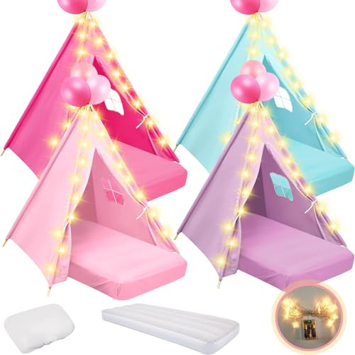 Lemosae 4 Pack Teepee Tent for Kids Slumber Party with Mattress,Fitted Sheet,Light String,Natural Cotton Washable Sleepover Tents for Girls Party Birthday Slumber Movie Night Supplies(Colorful)