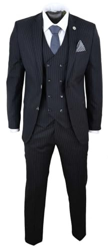 Costume Homme 3 pièces Style Rayures Fines Coupe ajustée avec Gilet Croisé - Noir 62