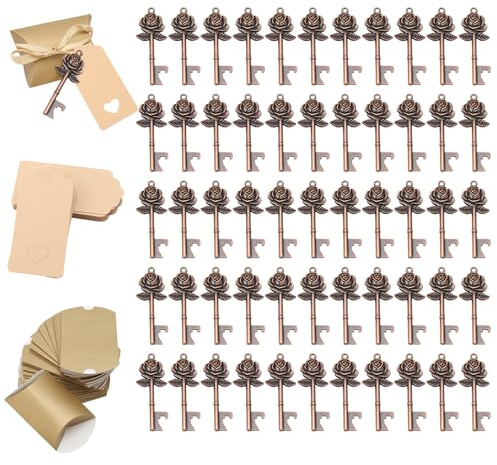 Ruspela Abrebotellas con llave, 50 abrebotellas con forma de rosa, recuerdos de fiesta de boda con caja de almohada, cinta de agradecimiento y etiqueta de acompañante, color bronce