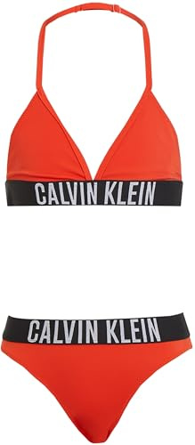 Calvin Klein Bikini Triangular de Dos Piezas Chicas con Logotipo en la Cintura, Rojo (Flaming Chili), 8-10 Años
