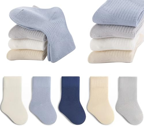 QIYIENDIAN Calcetines de algodón 5 Pares de calcetines suave elástico del bebé colores sólidos Niños Niñas（Blue,3-5Y