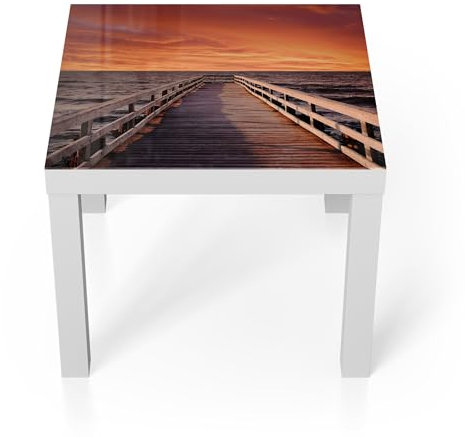DEQORI Glastisch | weiß klein 55x55 cm | Motiv Steg ins Abendrot | ausgefallener Beistelltisch aus Glas | Hochglanz Couchtisch fürs Wohnzimmer | moderner Couch Tisch mit Design