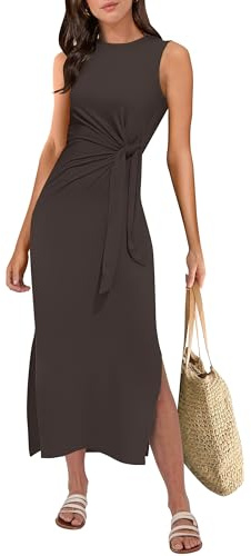 ANRABESS Womens Summer Casual Sleeveless T Shirt Midi Dress Slim Fit Tie Waist Split Tank Long Dresses 2026 Vacation Sundress Coffee