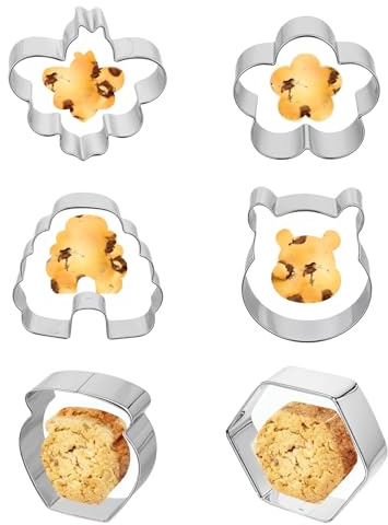 Thinp 6 Pack Bee Cookie Cutter Set-Pooh Bear,Bees,Beehive,Hexagon Honeycomb,Flower and Honey Jar Stainless Steel Cookie Cutters for Honey Bee Party Baking Muffins Decoration Holiday Bakeware