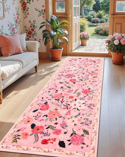 Macgace Runner with Pink Flower Pattern, 2x6 inches, Printed, Washable, with Non-Slip Backing, for Girls, Bedroom, Kitchen, Hallway, Cute Carpet Runner, Aesthetic Decoration