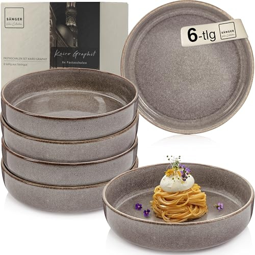 SÄNGER Kairo Graphit Pastaschalen 6 teilig, 6x Nudel Schalen | aus Steingut, Schüssel Set spülmaschinenfest mikrowellenfest kratzfest, große Schüssel Mocha Braun 800 ml