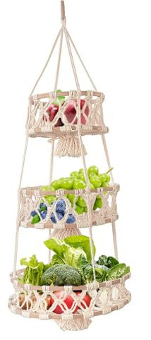 Tanant Boho Decor Hanging Plant Holder, Wall Hanging Cotton Baskets, 1/2/3 Tier Decorative Hanging Baskets for Wall, Nursery Wall Basket Cotton Rope Hanging Fruit Basket, Indoor Planter