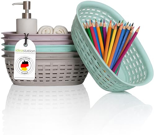 idea-station Körbchen aus Plastik - 6 Stück - 2 Liter - pastell | BPA-frei + Stapelbar + Rattan-Optik - 6er Aufbewahrungskorb Set aus Kunststoff - Organizer Körbe für Regale, Küche oder Bad