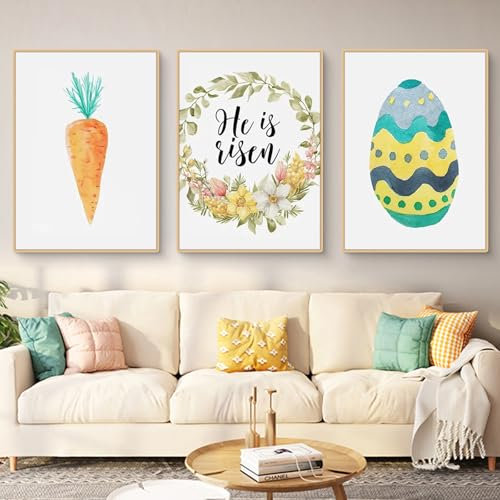 Premium 3er Set Ostern Bilder Kinderzimmer, Frühling Ostereier Kaninchen Poster & Kunstdrucke, Wandbilder Deko Kinderzimmer Babyzimmer, Geschenk für Mädchen & Jungen, Ohne Bilderrahmen (30x40cm,DEF)
