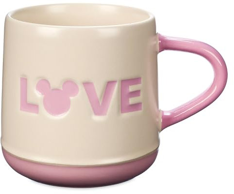 Disney Store Official, Mickey Mouse, taza, 425 ml, tazón rosa y beige con la palabra ''Love'', apto para microondas y lavaplatos