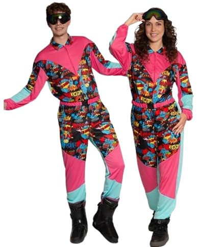 Partychimp Skianzug Karneval mit Skibrille für Damen und Herren, Ski Overall 80er Jahre, Apres Ski Party Outfit, Skianzug mit elastischem Gürtel und Skibrille – Comic – Größe M