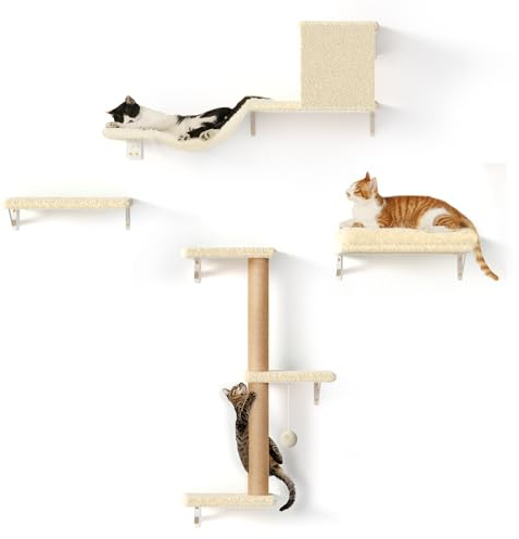 FUKUMARU Set Mobili da Parete per Gatti da Arrampicata, Mensole da Parete in 4 Parte, Realizzati con Robusti Pannelli Multistrato,Parete Tiragraffi per Gatti, Beige