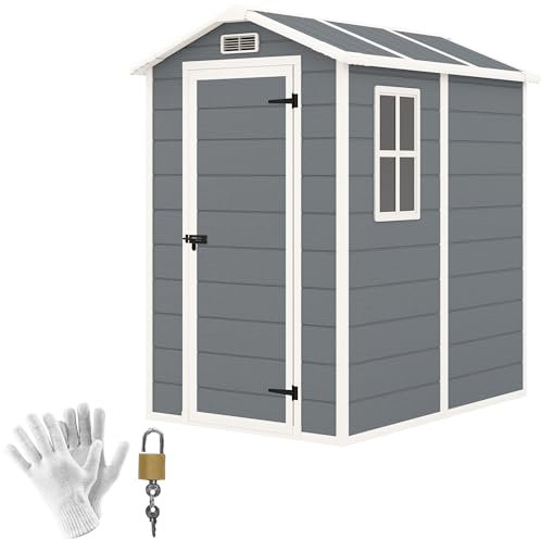 Outsunny 4 x 6ft Garden Shed, Plastic Shed with Floor, Window, Lockable Door and Vents, Resin Tool for Outdoor Patio Storage, Zero Maintenance, Grey