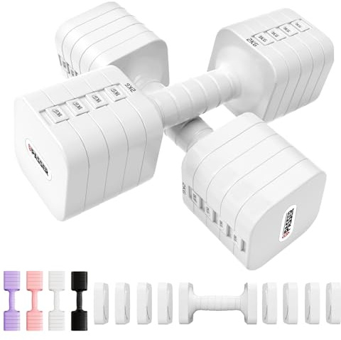 Set di manubri regolabili 4/8/12/16/20 kg, Manubri con regolazione rapida di peso per donne e uomini, Attrezzatura per palestra casa, Ideali per allenamento di forza, allenamento all'aperto - Bianco