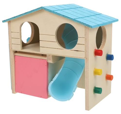 DRESSOOS Maison en Bois pour Hamster Toboggan, Échelle d'escalade Et Cloche, Cabane Colorée Bleu, Aire De Jeu Ludique, Refuge Sûr pour Petits Animaux