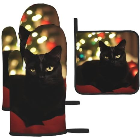 Lot de 3 gants de cuisine et maniques résistants à la chaleur de 260 °C - Gants de cuisine et coussinets chauds - Motif chat noir