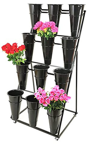 Blumenständer，Pflanzenständer，Blumenwagen aus Metall mit Rollen, 4-stufiger Pflanzenständer aus schwarzem Eimer für den Innen- und Außenbereich, Garten und Terrasse