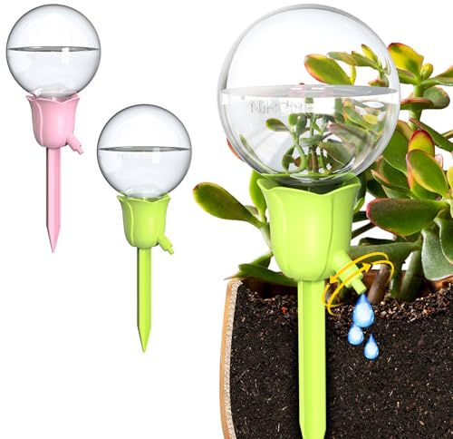 NiHome 2PCS Self-Watering Globes for Indoor & Outdoor Plants, Adjustable Flow Automatic Drip Irrigation Bulbs w/Tulip Stakes for Potted Plants, Succulents, Hanging Baskets, Gardens (Pink + Green)