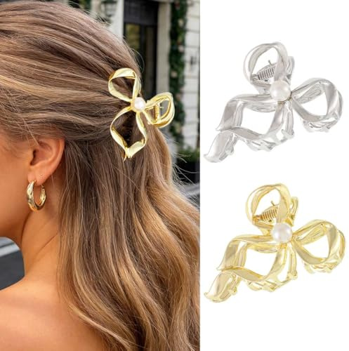 Zoestar Haarklammer mit Schleife, goldfarben, Metall, Perlen-Haarspange, rutschfest, stilvolles Haar-Accessoire für Damen und Mädchen, 2 Stück