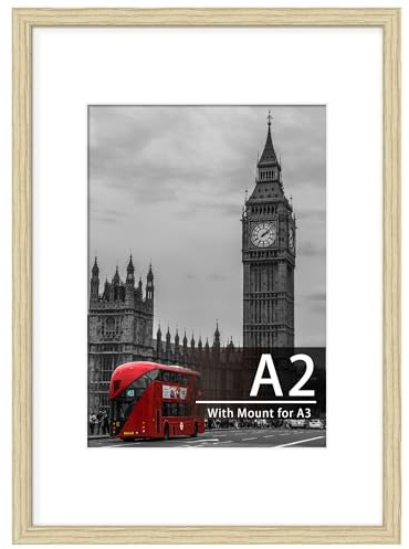 Tinkeps A2 Picture Frame, Oak Wood, 1 Pack | Engineered Wood and Plexiglass, A2 Frame with Mount for A3 Prints, Photos, and Posters, Wall Mountable