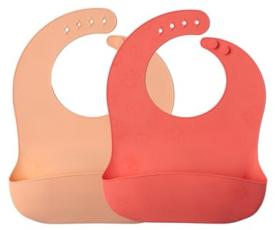 muchmellow - Set Silicone 2 Pezzi, Bavaglini Silicone Morbidi MADE IN ITALY, Tasca Raccoglipappa, Impermeabili Antimacchia, Regolabili, Svezzamento, Plastic Free (Arancio + Pesca)