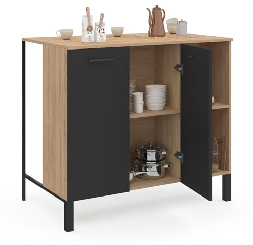 IDMarket - Table de Bar îlot CINA 100 cm Bois Noir et Plateau façon hêtre