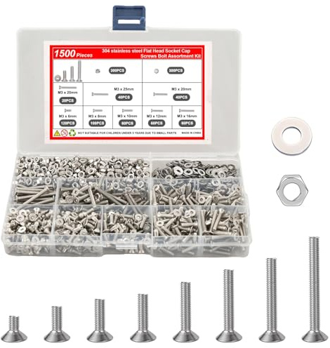 1500 Stk M3 Schrauben Set, Senkkopfschrauben, Gewindeschrauben Und Muttern, Edelstahl Satz Innensechskantschrauben Mit Flachem Kopf