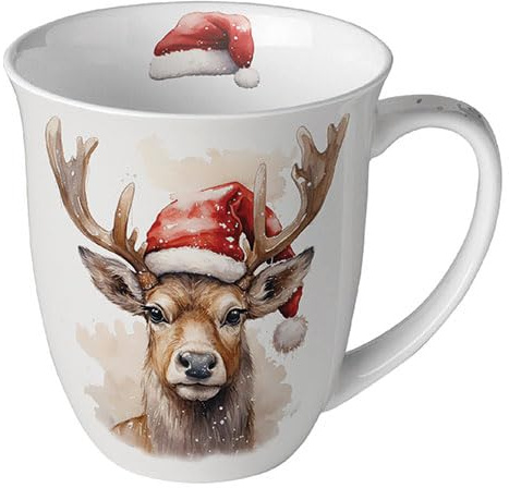 Ambiente Tasse en porcelaine d'environ 400 ml Tasse en porcelaine pour thé ou café Automne Hiver Noël Cerf de Noël avec chapeau de Père Noël Blanc