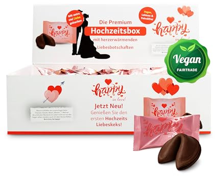 HappyKeks Hochzeitsbox | 100 vegane Schoko-Glückskekse aus Fairtrade-Schokolade | Glückskekse Hochzeit | ideale Gastgeschenke & Hochzeit Deko | Wedding Edition