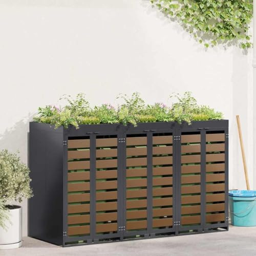 ACAGALA Mülltonnenbox 3er mit Pflanzendach | Mülltonnenhaus für 3X Tonnen 120 und 240 Liter aus Edelstahl & Holzoptik | Mülltonnenlager mit Pflanzerdach Anthrazit | Ablauf | Belüftet | 65x73x113 cm