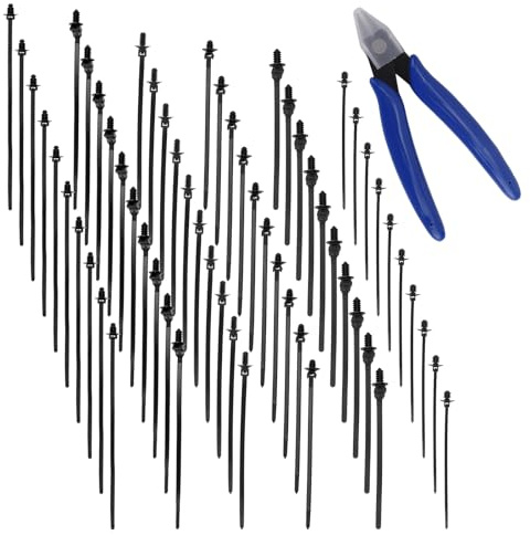 60pcs Nylon Push Mount Zip Ties with Diagonal Pliers, 6 Types Automotive Cable Ties Buckle Snap-in Wire Harness Clips High Temp Heat Resistant Black Fasteners