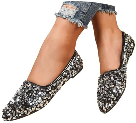 EQWIGKEIT Zapatos de bailarina para mujer, zapatos de fiesta, zapatos de noche festivos, planos, zapatos de baile con lentejuelas, bailarinas brillantes, elegantes zapatos de purpurina, clásicos