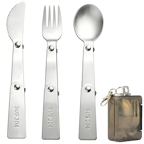 ZWWOGE 3 Pezzi Posate Pieghevoli Acciaio Inox, Cucchiaio e Forchetta Pieghevole, con Custodia, per Campeggio, Picnic, Viaggio