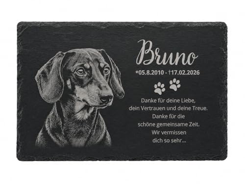 Grabdekoration, Schiefer Grabstein für Hunde und Katzen mit Gravur, 30 x 20 cm, wasserfest, Gedenkstein für Katzen und Hunde mit Bild und Motiven, Grabstein für Haustiere
