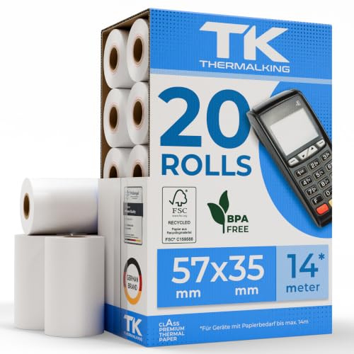 20x EC Cash Termiska pappersrullar, bredd 57 mm, diameter 35 mm, ärmdiameter 12 mm, längd 14 m, perfekt för kvitton, elektroniska betalningsterminaler