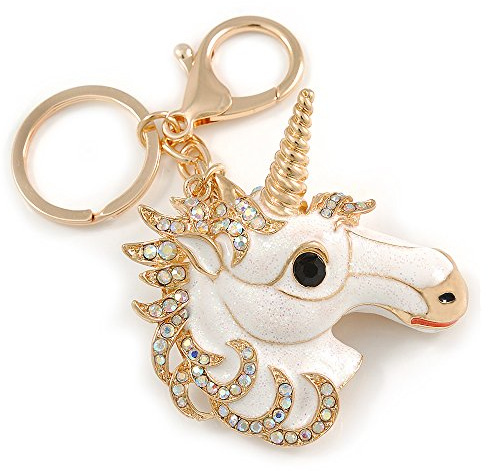Avalaya AB Crystal, White Enamel Glitter Unicorn Keyring/Bag Charm In Gold Tone Metal - 10cm L