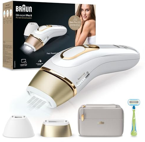 Braun IPL Silk Expert Pro 5, Visible Permanent Hair Removal For Women & Men With Venus Razor and Precision Head, Premium Pouch, Alternative For Laser Hair Removal, PL5124, White/Gold