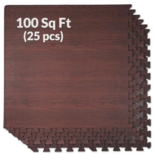 Home Aesthetics 100 Sq. Ft 3/8 Inch Thick Printed Foam Tiles Interlocking Foam Mat, Dark Wood Oak Grain Style - (24 x 24, 25 pcs), Protective Flooring for Home, Exercise or Trade Show