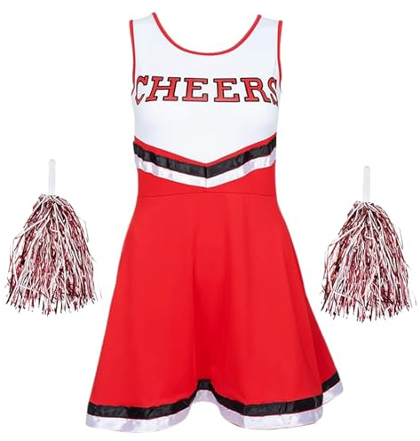 REDSTAR FANCY DRESS Cheerleader Kostüm Kinder mit High School Cheerleader Pompons – Halloween Kostüm Teenager Mädchen – Kinderkostüm Faschingskostüme Kinder, Karneval, Party