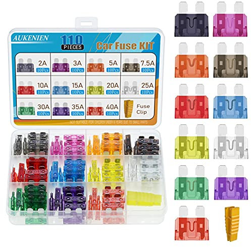 AUKENIEN Car Fuses Standard Blade Kit 11 Values 110pcs 2A 3A 5A 7.5A 10A 15A 20A 25A 30A 35A 40A Amp Auto Fuse Standard Blade Assortment and 1pc Fuse Clip