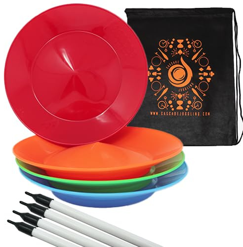Cascade Juggling Lot de 4 assiettes rotatives et bâtons – Ensemble de plateau flexible pour enfant – Comprend un sac de transport en cascade (rouge, bleu, vert et orange)