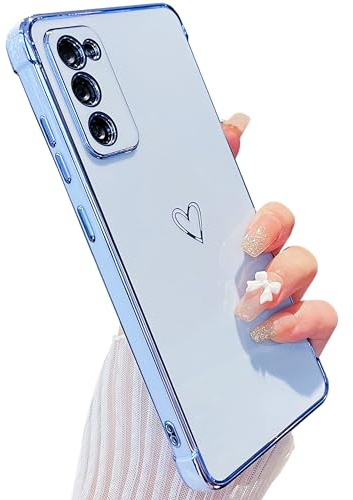 ZTOFERA Compatible with Samsung Galaxy S20 FE 4G/5G (6.5) Case for Girls Women, Flexible Silicone Protective Phone Case with Cute Love Heart Pattern Golden Edging Shockproof Bumper Cover, Sierra Blue