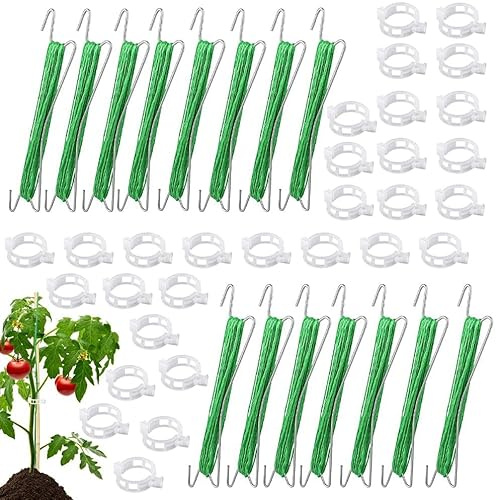 HIQE-FL 15 Stück Tomatenhaken Metall mit 15 Pflanzenschnalle & 10 m Seil,Tomatenpflanzenhalter, Garten Clips,Tomatenstützhaken,Geeignet zum Fixieren von Pflanzen(A)